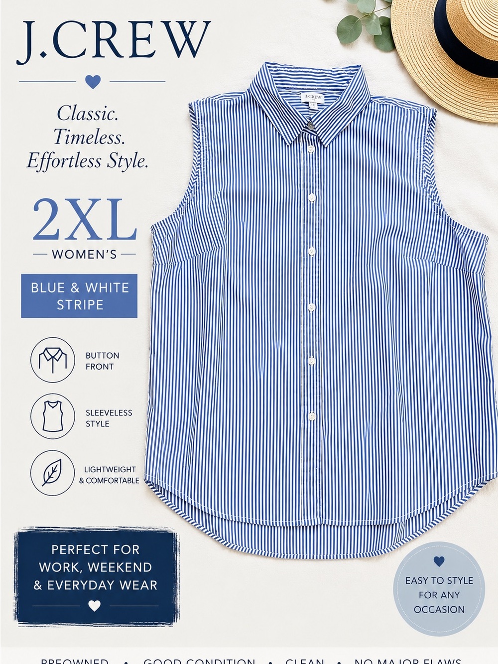 J. Crew Blue and White Striped Sleeveless Button-Down Shirt 2XL Classic Preppy